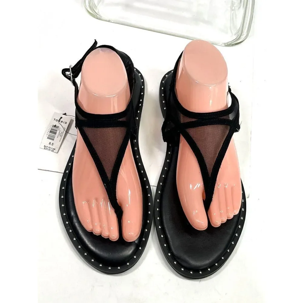 Torrid Mesh T Strap Thong Sandals‎ Sz 8.5 W Wide Black Studded Ankle Strap